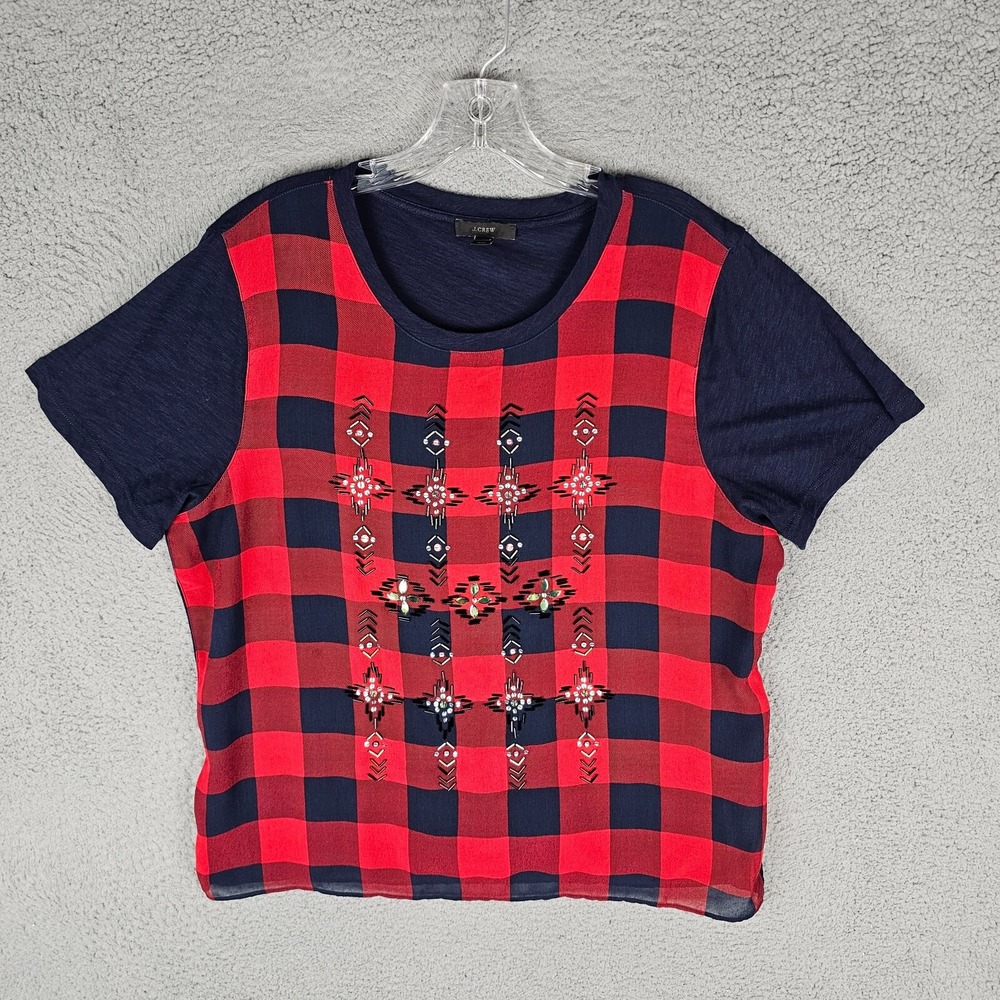 J.CREW T-Shirt Womens XL Navy Red Buffalo Plaid Sequin Embellished E4657